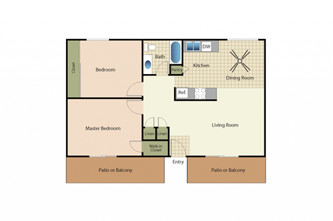 Floor plan for 2 beds, 1 bath, 935 sqft